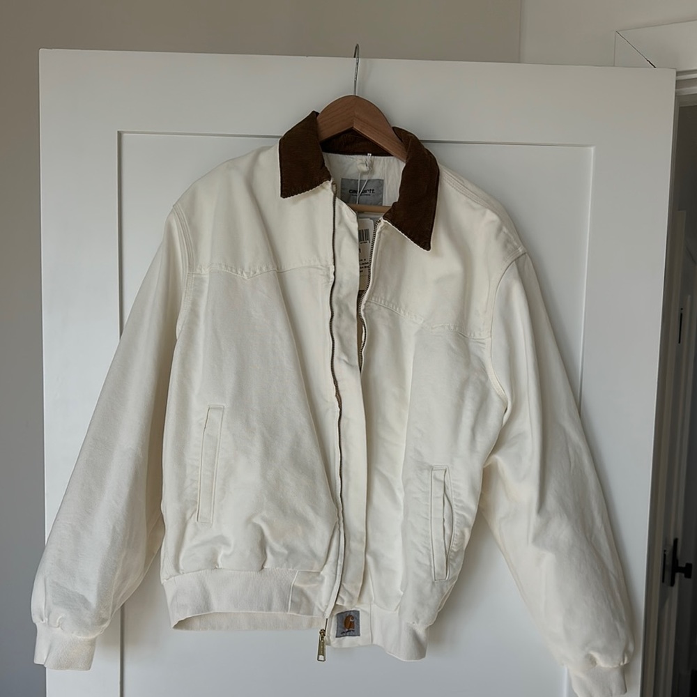 SOLD OUT Carhartt White Bomber Jacket with Brown Collar and Quilted Design